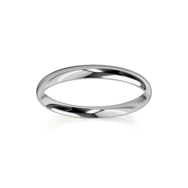 A simple, polished silver metal band ring on a white background with a reflective surface.