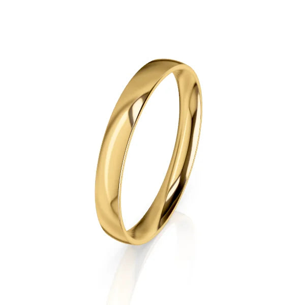 A simple, polished yellow gold band ring displayed on a white background with a subtle reflection.