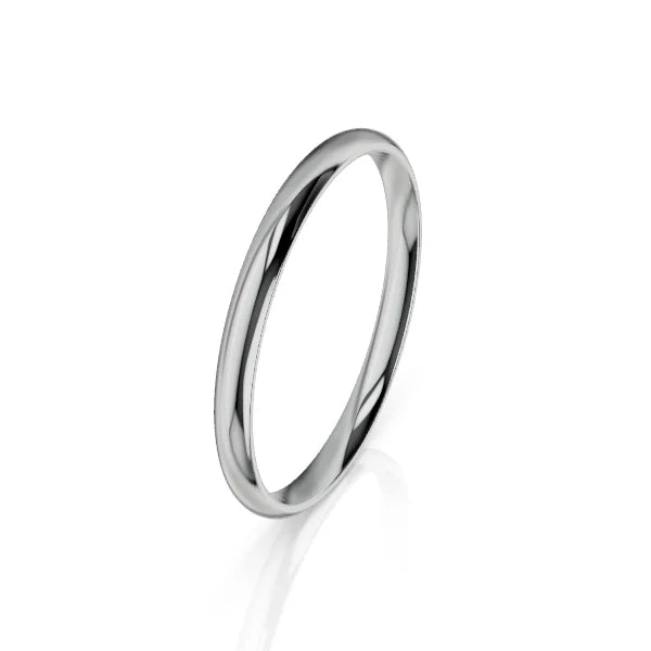 A simple, polished silver band ring with a smooth, shiny surface on a white background.