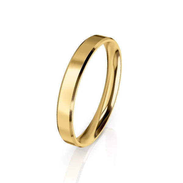 A simple, polished yellow gold ring with a flat surface, displayed on a white background.