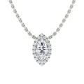 A marquise-cut diamond pendant with a halo on a silver chain, displayed on a white background.