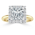 Gold band ring with a square-cut center diamond and a halo of smaller round diamonds on a white background.