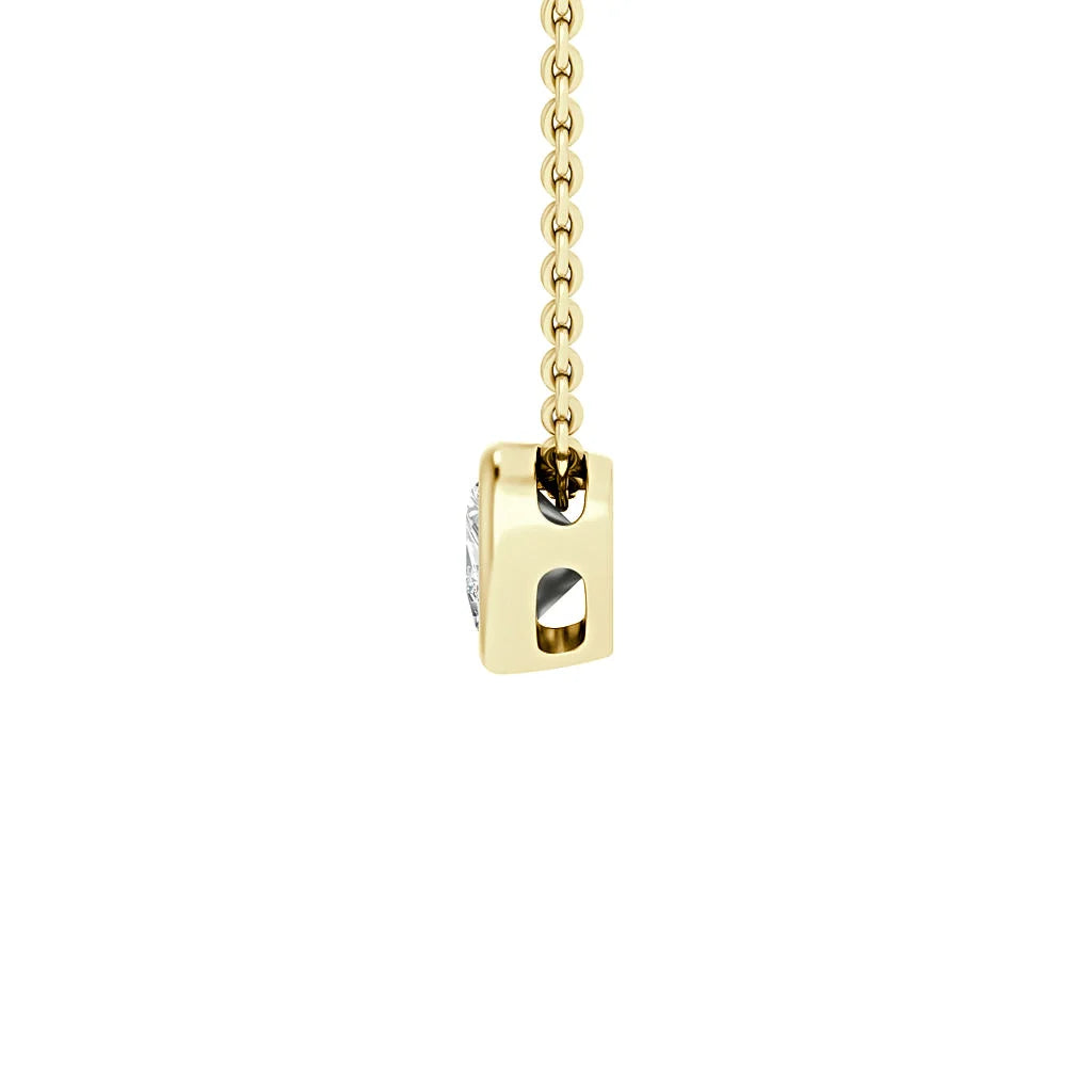 Gold chain with a rectangular gold pendant, featuring a single diamond set in the center, on white background.