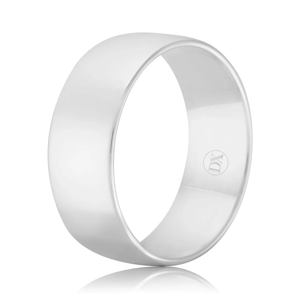 A plain, polished silver band ring with a small engraved logo on the inner surface, shown on a white background.