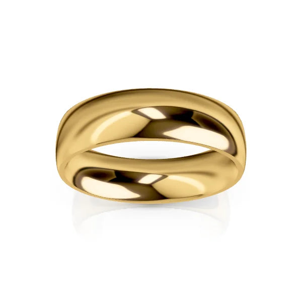 A plain, polished yellow gold ring with a rounded band, displayed on a white background.