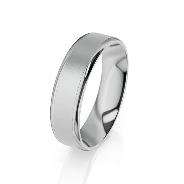 A plain silver band ring with a smooth, polished finish, standing upright on a white background.
