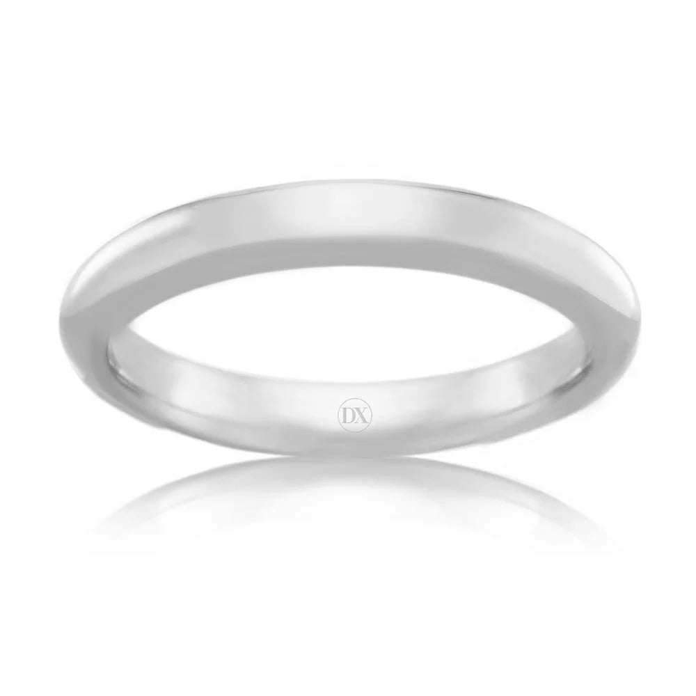 A plain, polished silver band ring is shown against a white background with a subtle reflection below.
