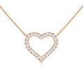 Rose gold necklace with an open heart pendant outlined in sparkling white diamonds, on a delicate chain.