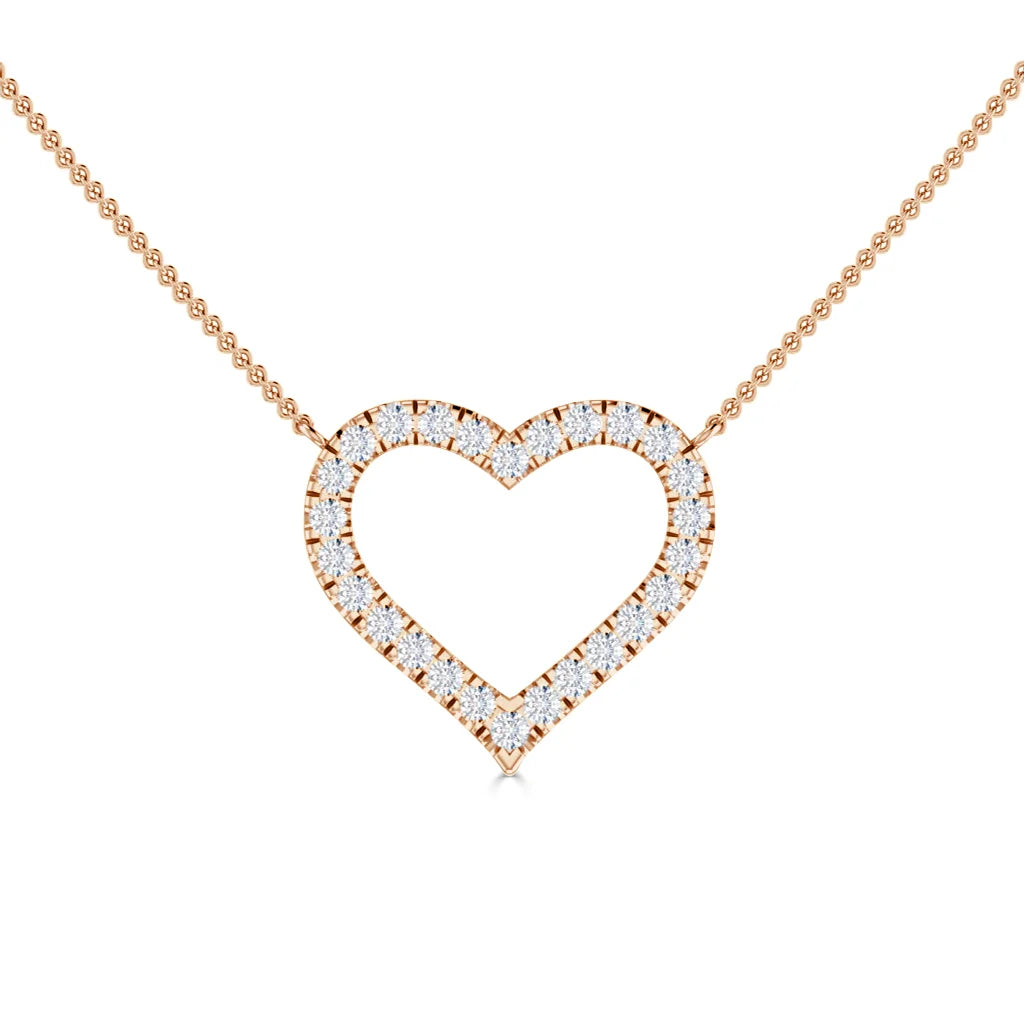 Rose gold necklace with an open heart pendant outlined in sparkling white diamonds, on a delicate chain.