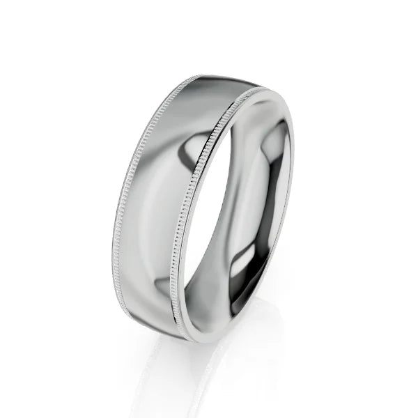 A polished silver ring with smooth edges and a subtle beaded design along both rims.