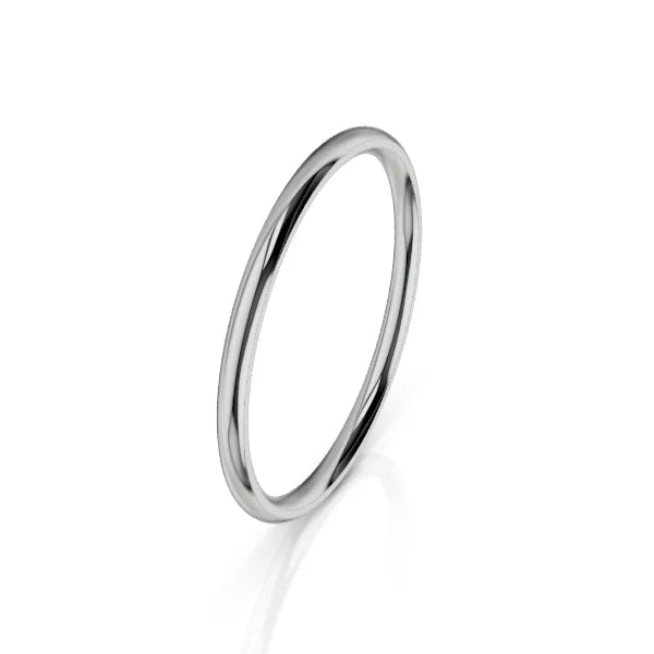 A simple, thin, polished silver ring displayed against a plain white background.