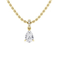 Gold chain necklace with a pear-shaped diamond pendant and small round diamonds on the bail.