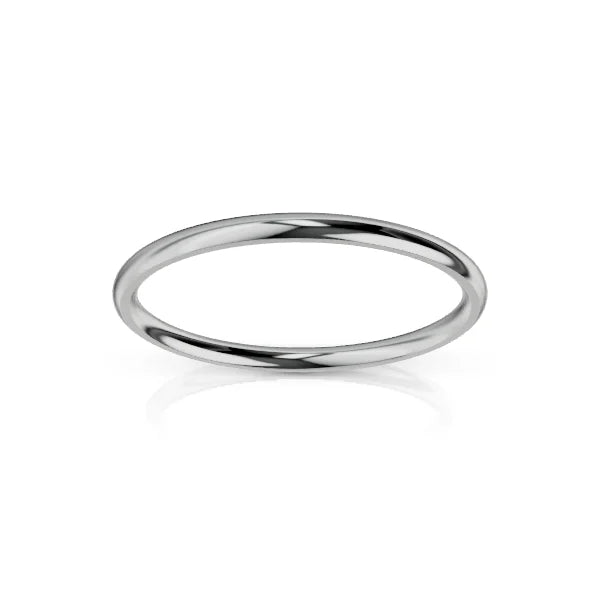A simple, polished silver band ring with a smooth, reflective surface on a white background.
