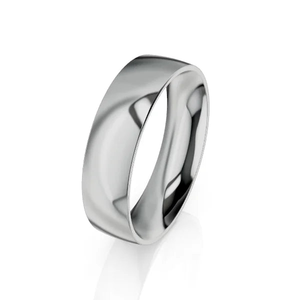 A simple, polished silver band ring with a smooth, rounded surface, shown on a white background.