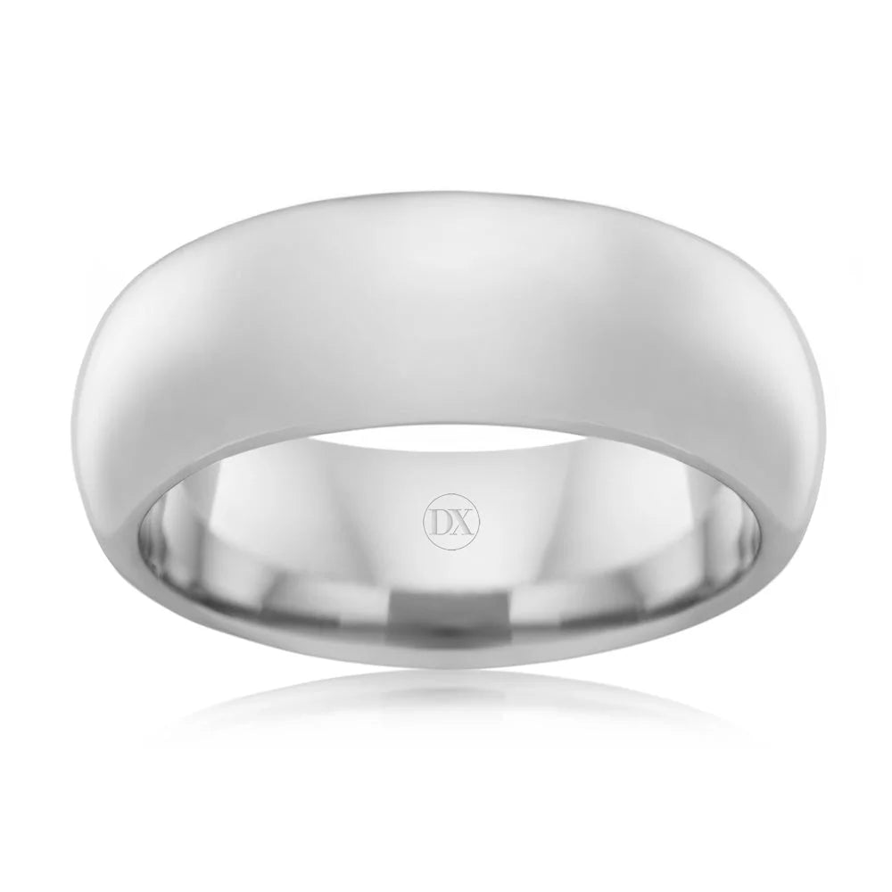 A plain, polished silver band ring with a smooth, rounded surface on a white background.