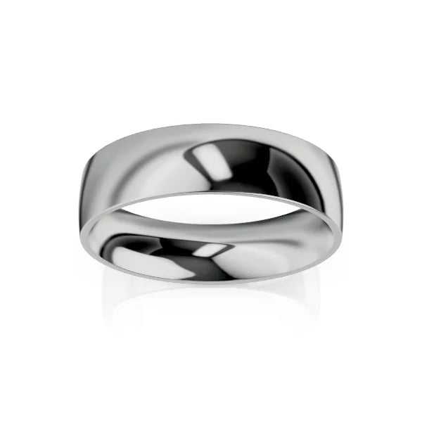 A shiny, plain silver wedding band ring with a smooth, polished surface on a white background.