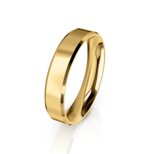 A plain, polished yellow gold wedding band with a flat edge, set against a white background.