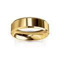 A polished, plain gold wedding band with a flat edge, shown on a white background.