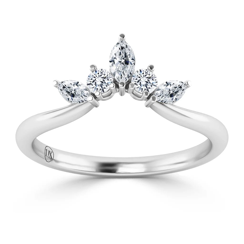 A white gold ring with three marquise and two round diamonds arranged in a crown-like cluster setting.