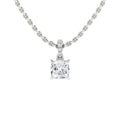 Silver chain necklace with a square-cut diamond pendant and small diamonds on the bail, on a white background.