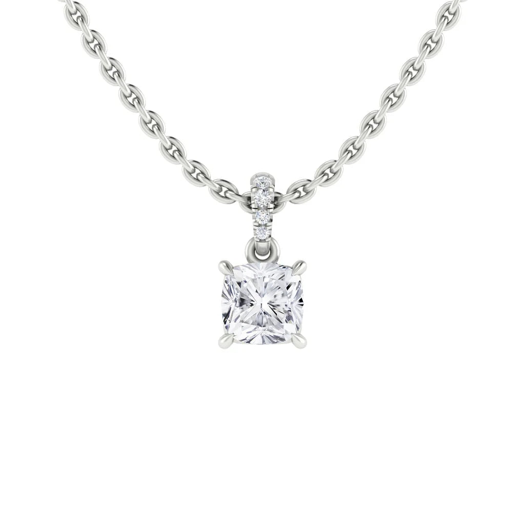 Silver chain necklace with a square-cut diamond pendant and small diamonds on the bail, on a white background.