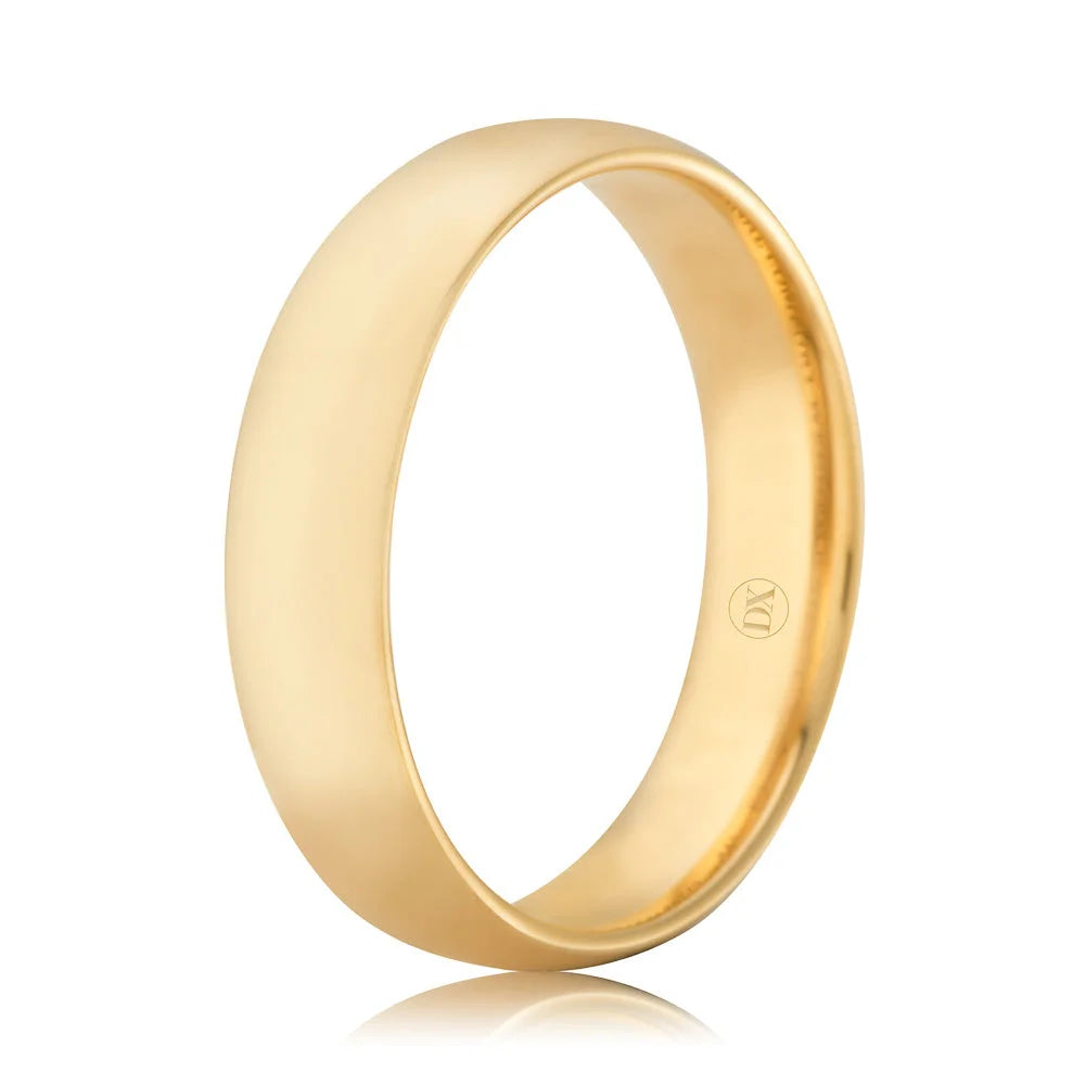 A plain, polished yellow gold band ring with a smooth, rounded surface on a white background.