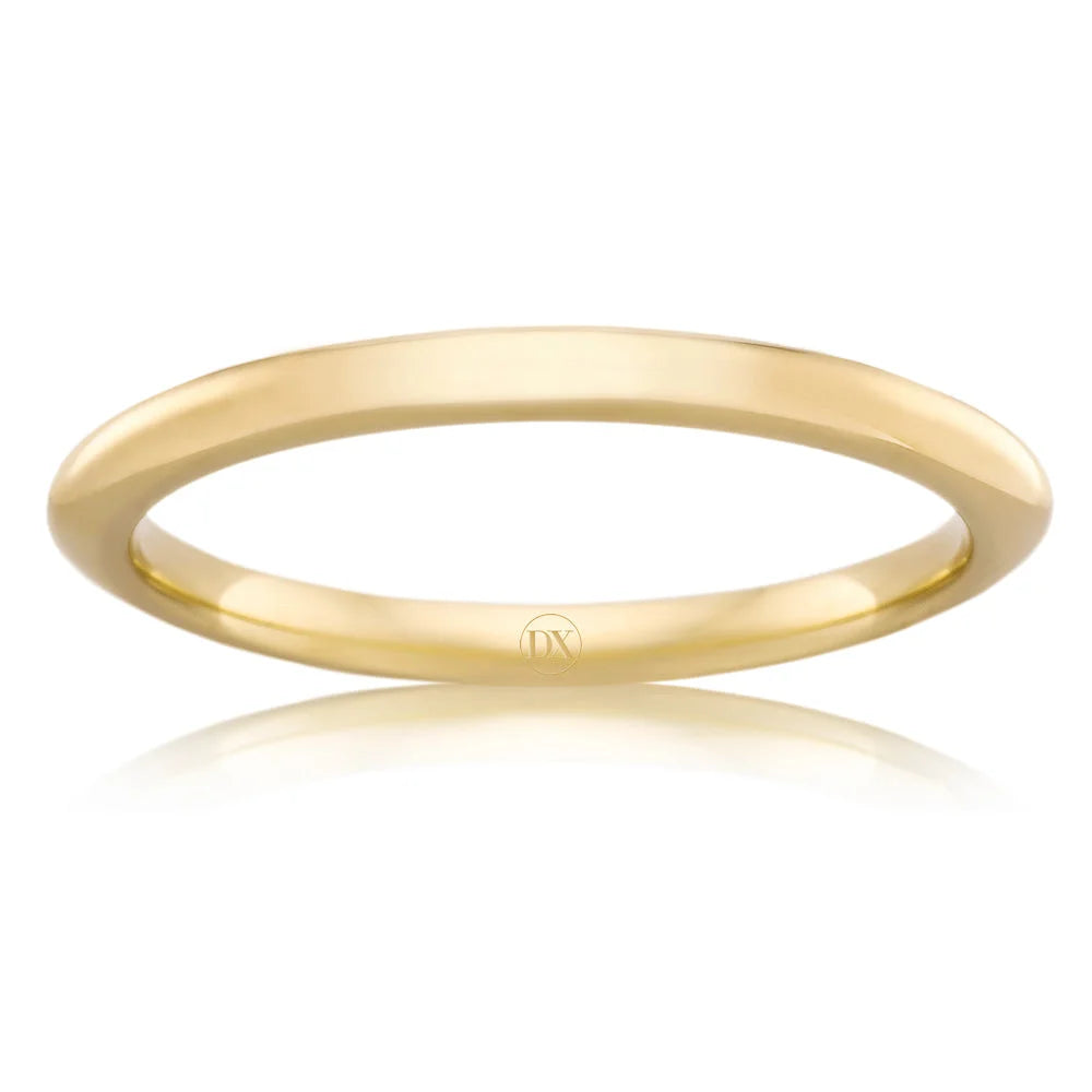 A simple, thin, polished yellow gold band ring displayed against a plain white background.