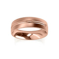 A rose gold ring with a smooth finish and a single diagonal groove across the band, on a white background.