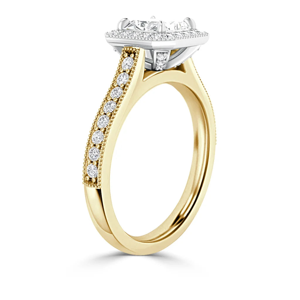 Gold engagement ring with a large diamond center stone and smaller diamonds set along the band.