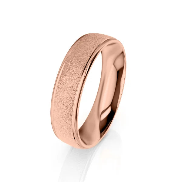 A rose gold wedding band with a matte center and polished edges on a white background.