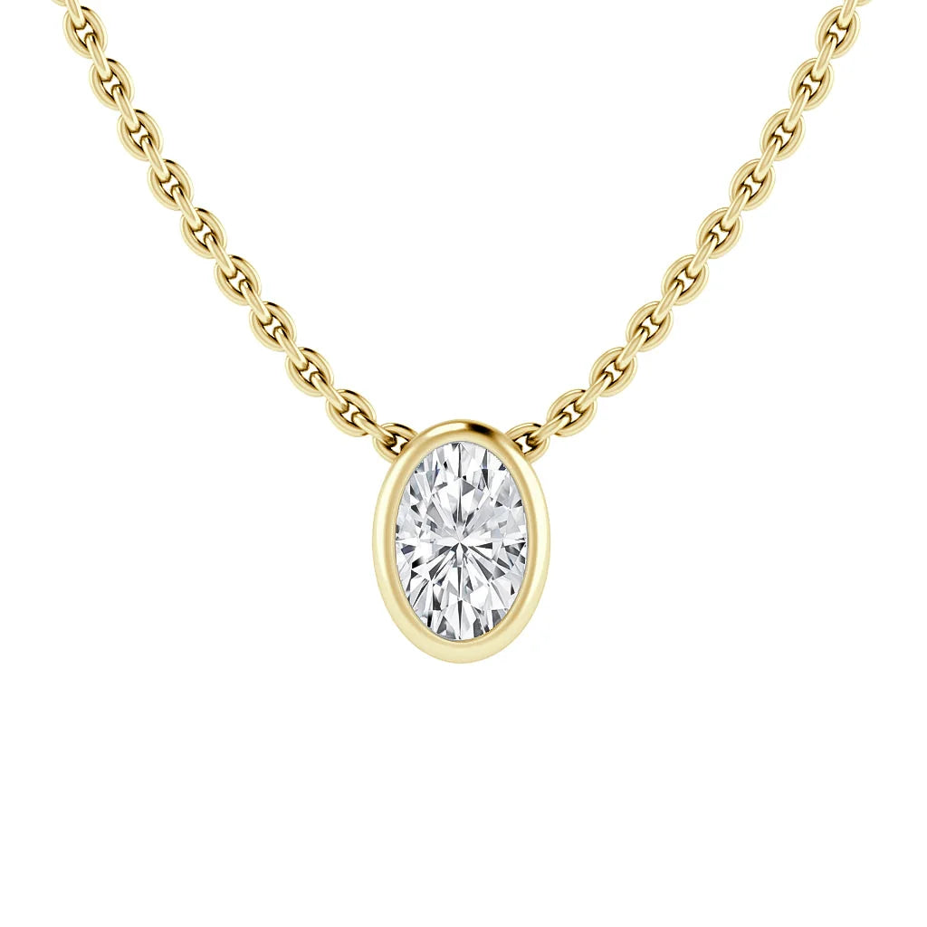 A gold chain necklace with an oval-cut diamond pendant set in a gold bezel, centered on a white background.
