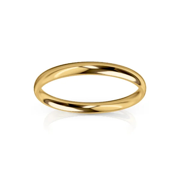 Simple gold wedding band with a smooth, polished finish, photographed on a white background.