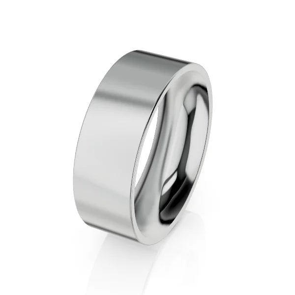 A plain, wide silver ring with a polished, reflective surface on a white background.