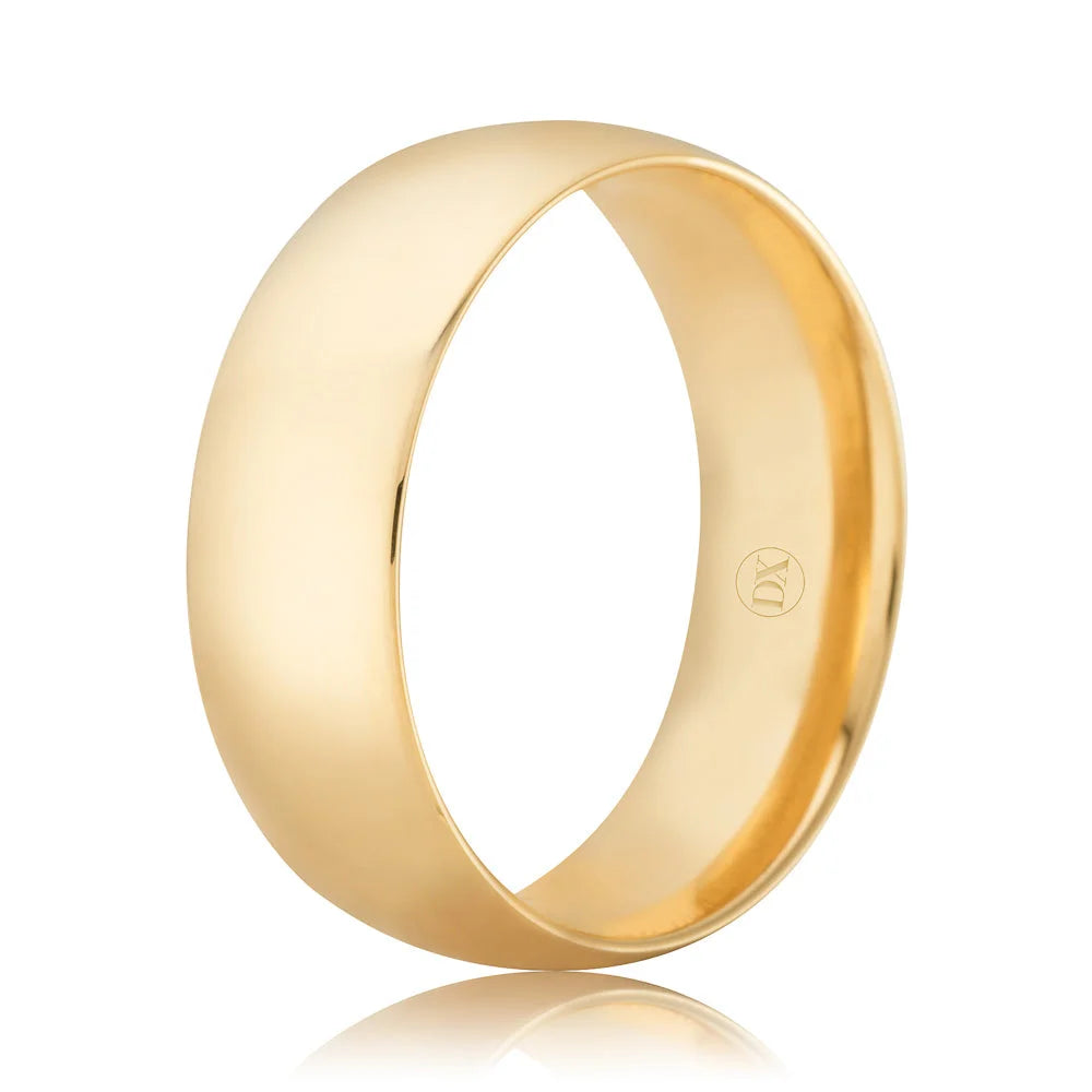 A plain, polished gold wedding band ring with a smooth surface and a reflective finish, displayed on a white background.