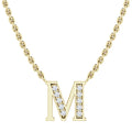 Gold chain necklace with a diamond-studded letter M pendant on a white background.