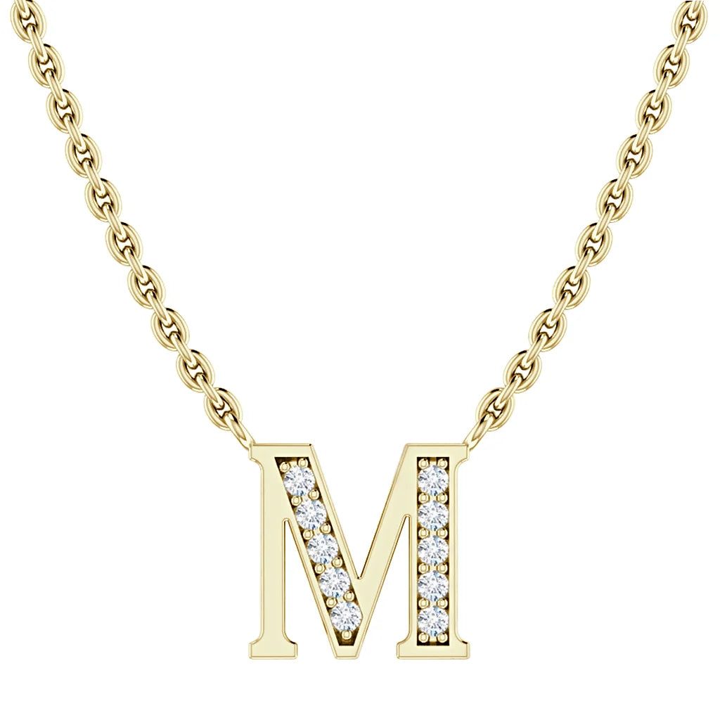 Gold chain necklace with a diamond-studded letter M pendant on a white background.