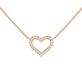 A rose gold necklace with a heart-shaped pendant outlined in small, sparkling white gemstones.