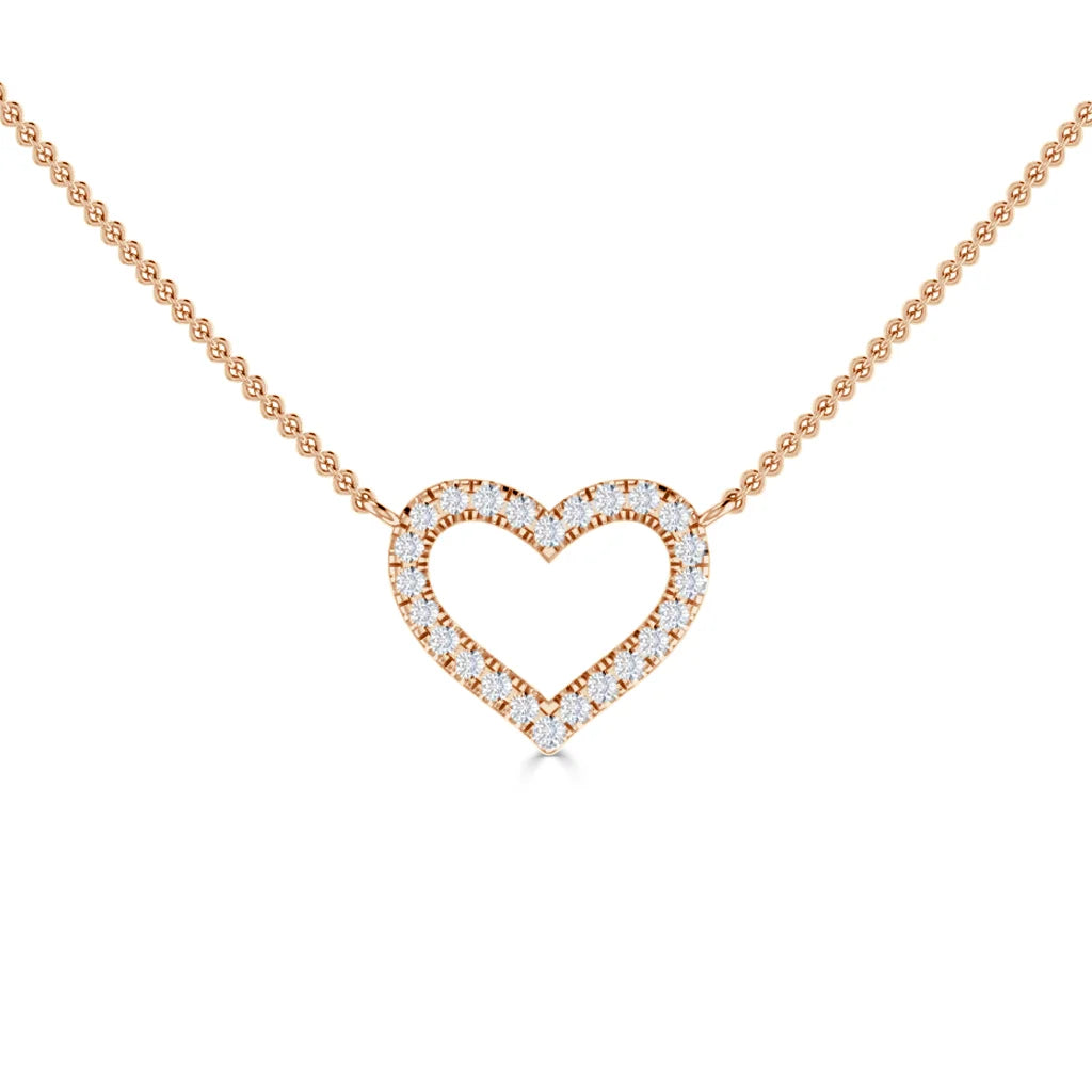 A rose gold necklace with a heart-shaped pendant outlined in small, sparkling white gemstones.