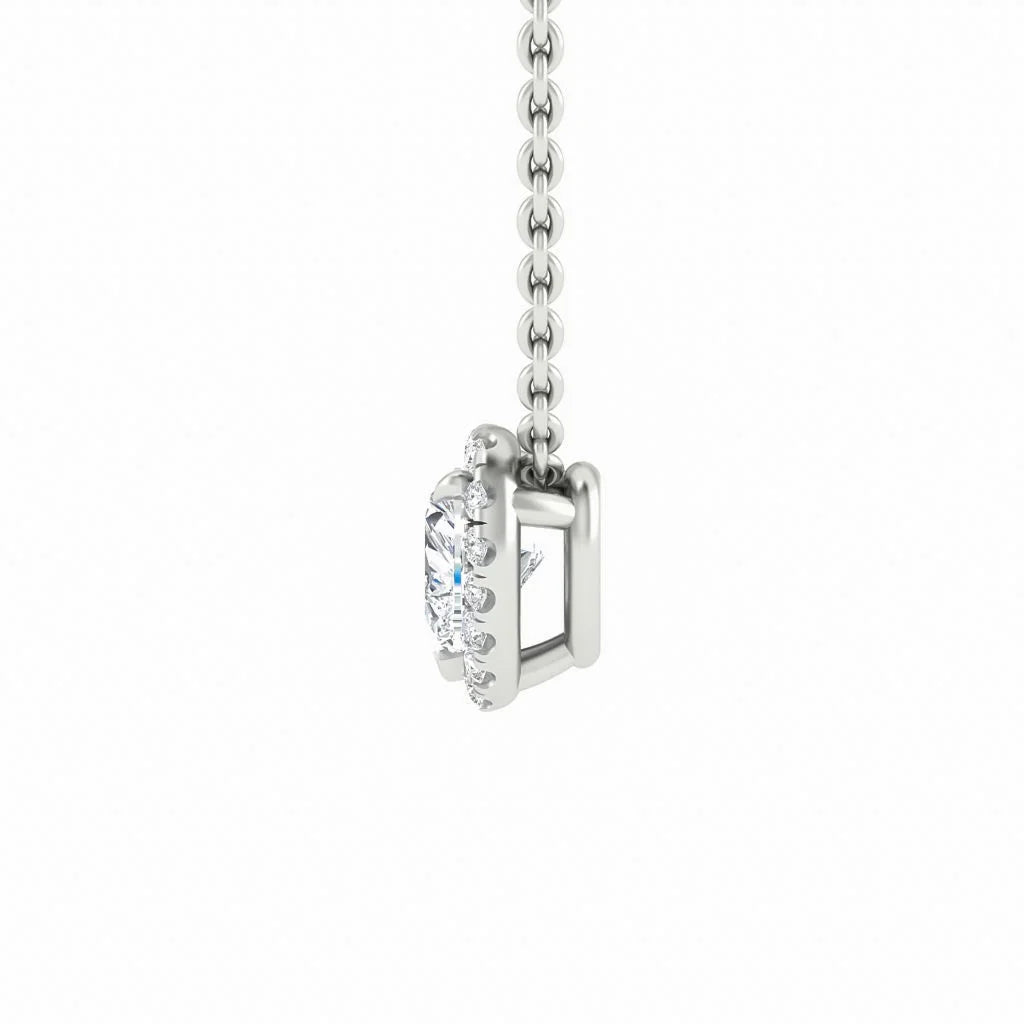 Side view of a silver necklace with a round, prong-set diamond pendant against a white background.