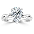 Pear-shaped diamond ring with a twisted white gold band, viewed from the front on a white background.