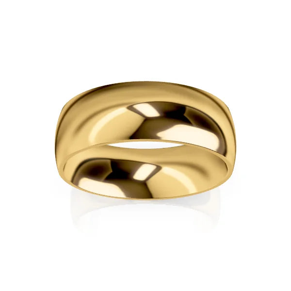 A shiny, wide gold ring with a smooth, reflective surface on a plain white background.