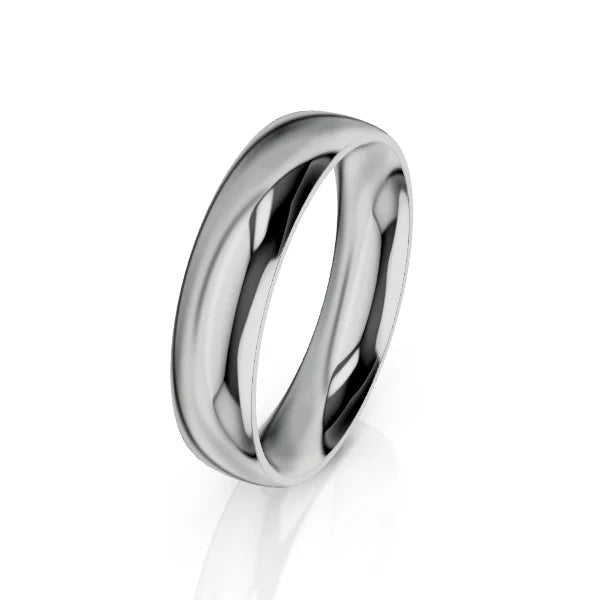 A polished, silver metal ring with a smooth, rounded band, displayed on a white background.