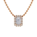 A gold necklace with a rectangular diamond pendant framed by small round diamonds on a gold chain.