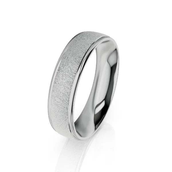 A silver ring with a matte, textured center band and polished, shiny edges on a white background.