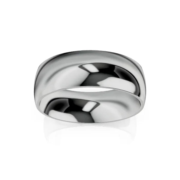 A shiny, wide, silver metal band ring with a smooth, highly polished surface on a white background.