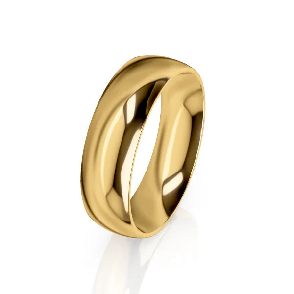 A shiny gold wedding band with a smooth, polished surface on a white background.