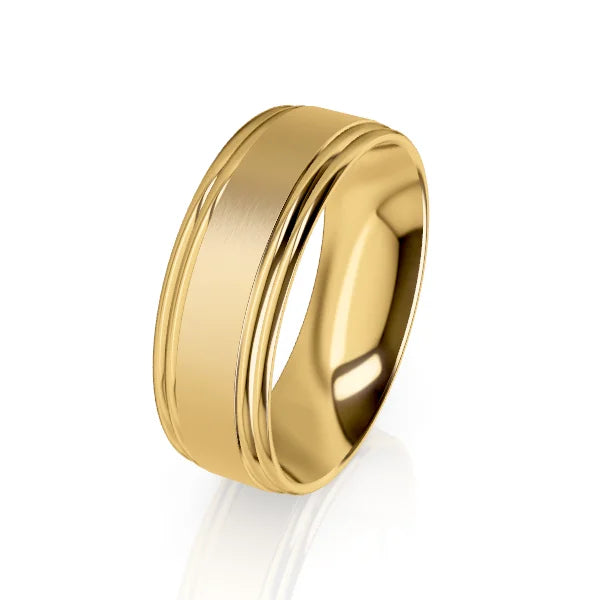 A classic gold wedding band with a smooth brushed center and polished beveled edges.