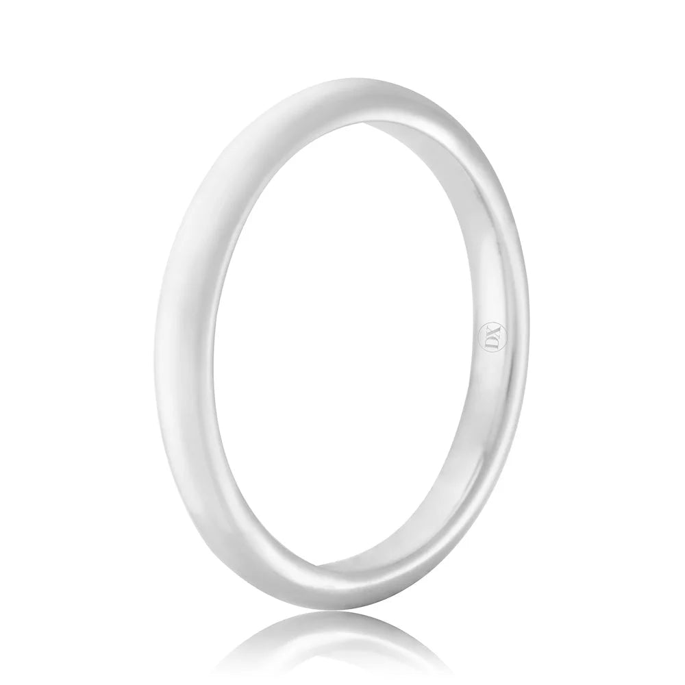 A plain, polished silver ring with a smooth, rounded band on a white background.
