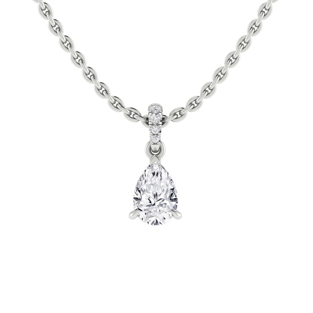 Silver chain necklace with a teardrop-shaped diamond pendant and small round diamonds above the main gem.