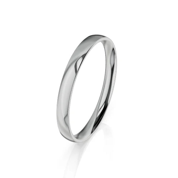 A simple, polished silver ring with a smooth, rounded band on a white background.